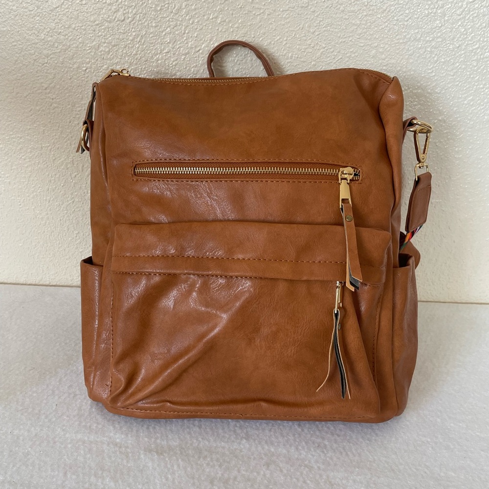 Convertible Faux Leather Backpack Purse | Tan Brown | Vegan Leather Gold Zip